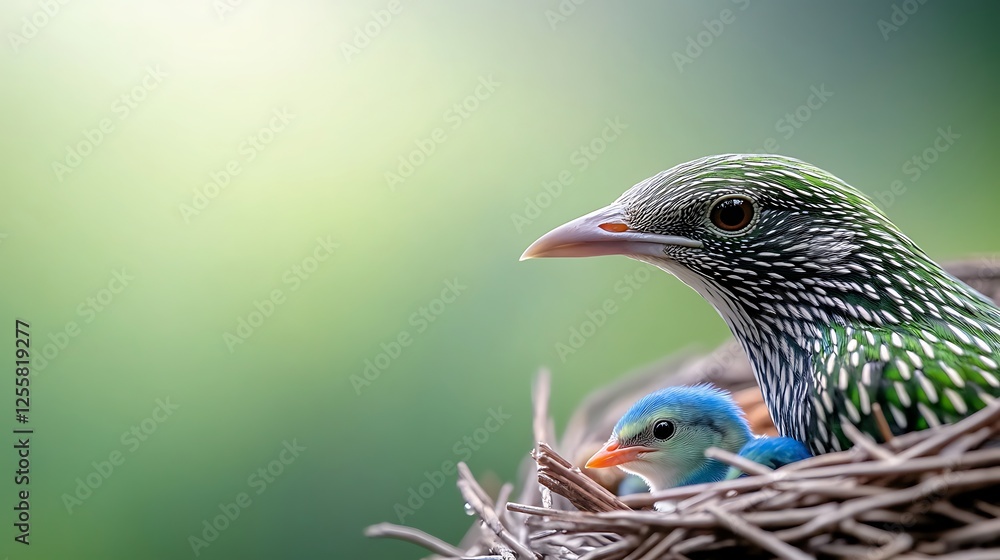 Obraz premium Vibrant bird watching over its colorful chicks in a cozy nest amidst a serene natural backdrop