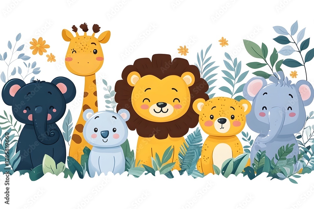 Fototapeta premium Cute Cartoon Animals in a Lush Jungle Setting