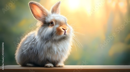 Captivating Watercolor Portrait of an Alluring Rabbit in a Sun Dappled Forest Scene  Exquisite rendering showcases the rabbit s silky plush fur in shades of grey and white with a sly gleam in its eye photo