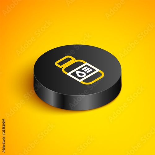 Isometric line Printer ink bottle icon isolated on yellow background. Black circle button. Vector