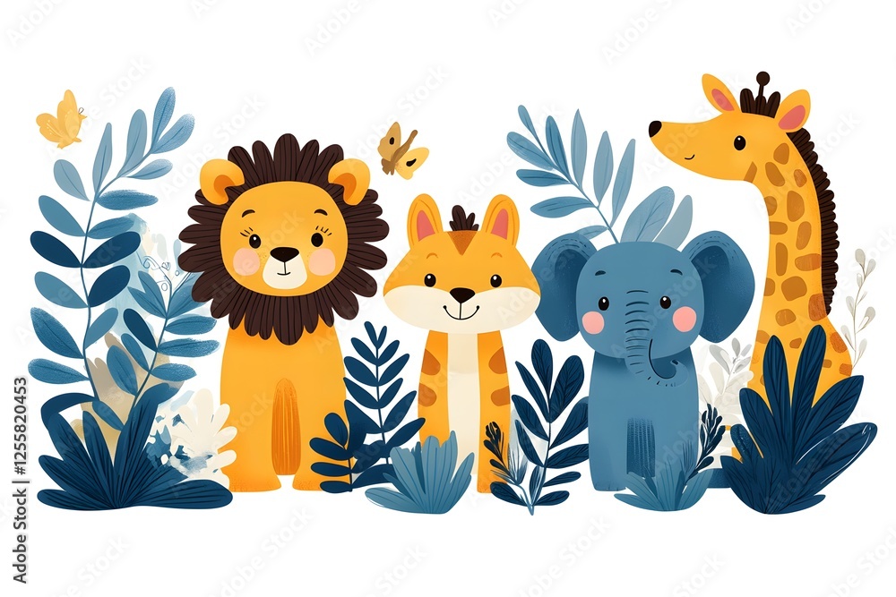 Naklejka premium Cute Cartoon Animals in a Lush Jungle Setting