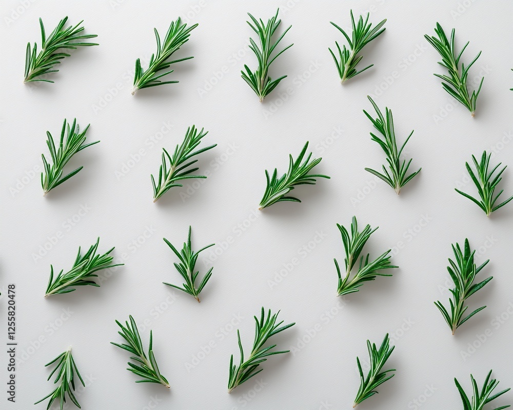 Fototapeta premium Flat lay of fresh rosemary sprigs arranged on white background. (1)