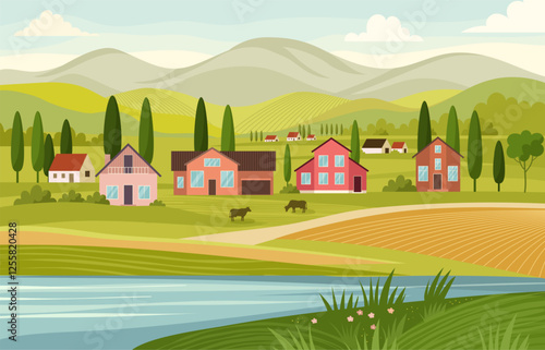 Village background. Rural horizontal landscape with modern residential buildings recent vector colorful illustration in flat style