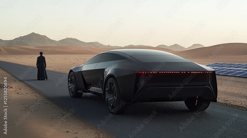 Naklejka premium Hydrogen SUV Journey through Desert, an eco-friendly vehicle traversing an arid landscape, solar panels harnessing energy in the backdrop, showcasing sustainable technology in harmony with nature