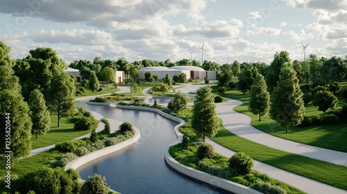 Serene Landscape with Meandering Waterway and Lush Greenery in Sunny Daylight