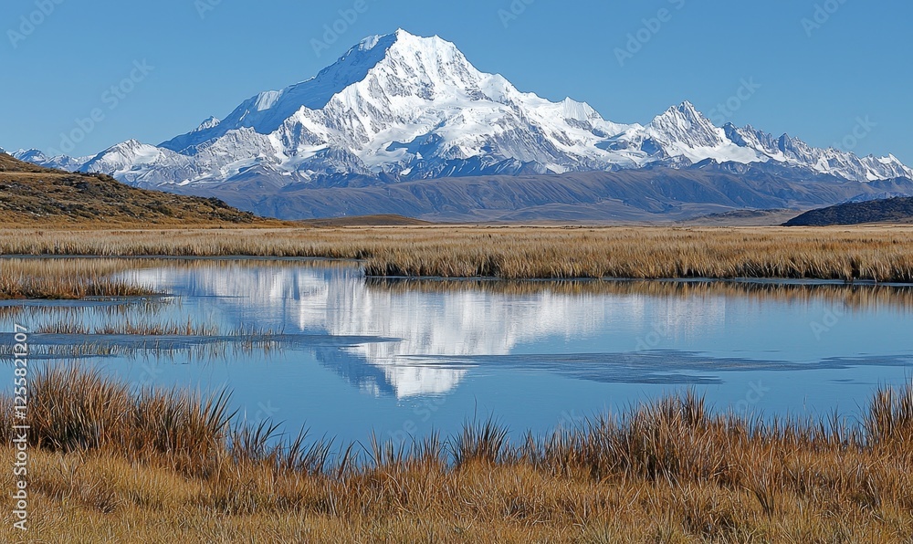 Snow-capped mountain reflecting in a tranquil alpine lake, ideal for nature or travel themes Snow-capped mountain reflecting in a tranquil alpine lake, ideal for nature or travel themes