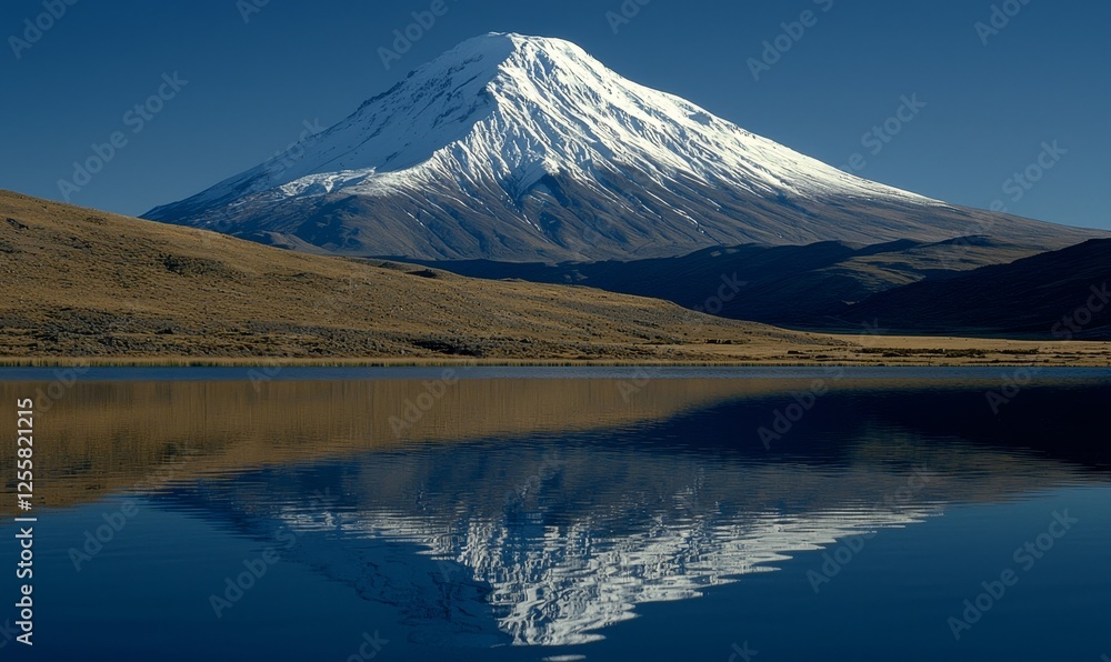 Snow-capped mountain reflecting in calm lake, serene landscape Snow-capped mountain reflecting in calm lake, serene landscape