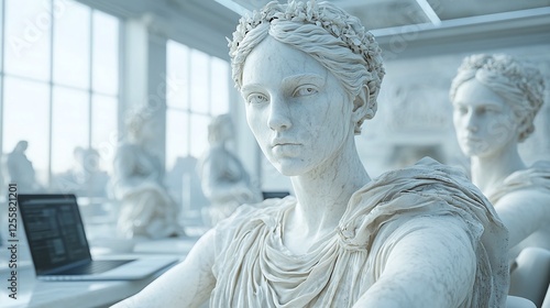 marble statue of a woman working on a laptop in an office, business, career, finance, employment
