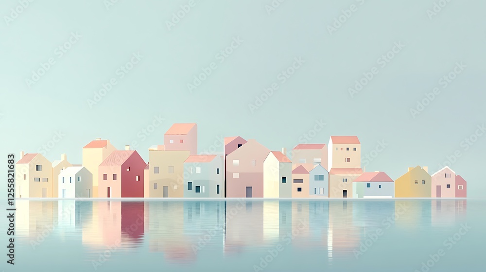 Pastel Colored Houses Reflecting in Calm Water Pastel Colored Houses Reflecting in Calm Water