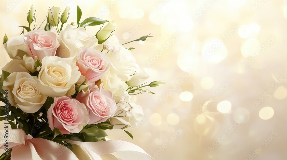 A romantic wedding bouquet of white and pink roses, delicately tied with satin ribbons, set against a soft, blurred wedding venue background. A romantic wedding bouquet of white and pink roses, delicately tied with satin ribbons, set against a soft, blurred wedding venue background.