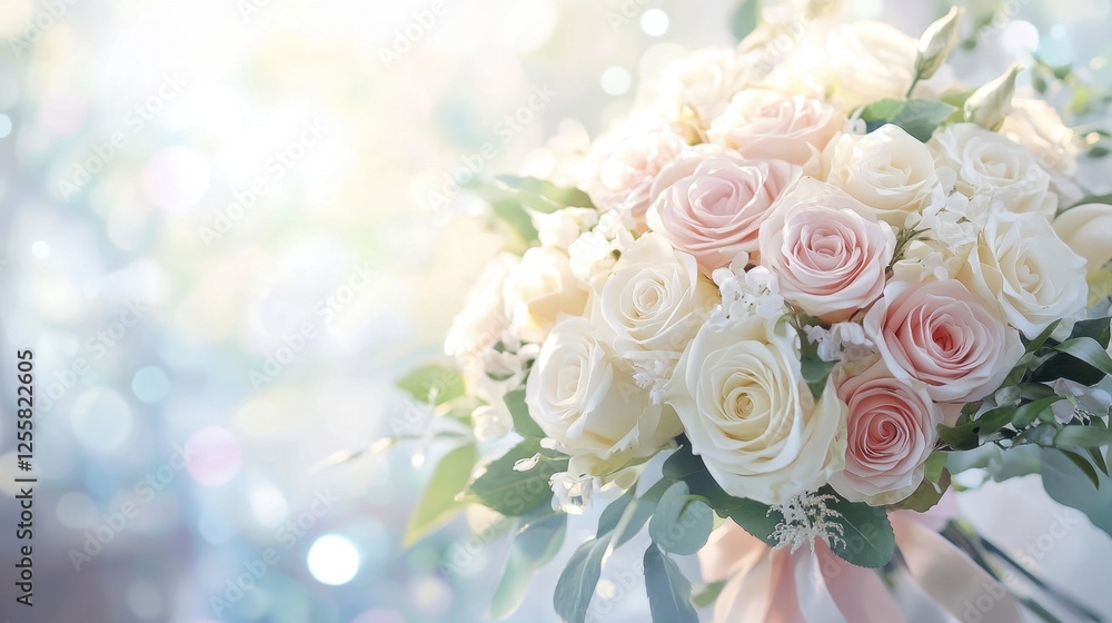 A romantic wedding bouquet of white and pink roses, delicately tied with satin ribbons, set against a soft, blurred wedding venue background. A romantic wedding bouquet of white and pink roses, delicately tied with satin ribbons, set against a soft, blurred wedding venue background.