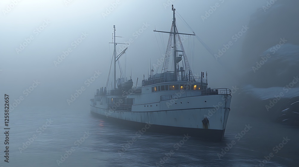 Fototapeta premium Old Vessel Sailing Through Dense Foggy Waters