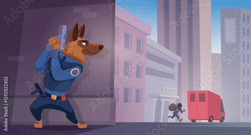 Police station. Zoo animals working in police exact vector cartoon background template of police animals
