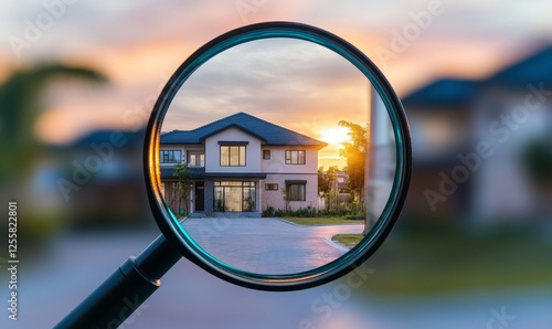 Suburban house viewed through magnifying glass at sunset, ideal for real estate search concepts
