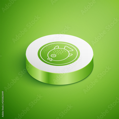 Isometric Puffer fish on a plate icon isolated on green background. Fugu fish japanese puffer fish. White circle button. Vector.