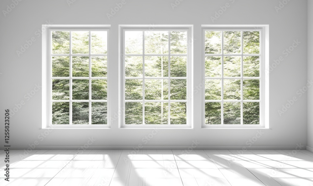 Fototapeta premium Sunlit white room with three windows overlooking lush green trees