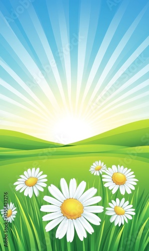Sunny meadow with daisies and rolling hills