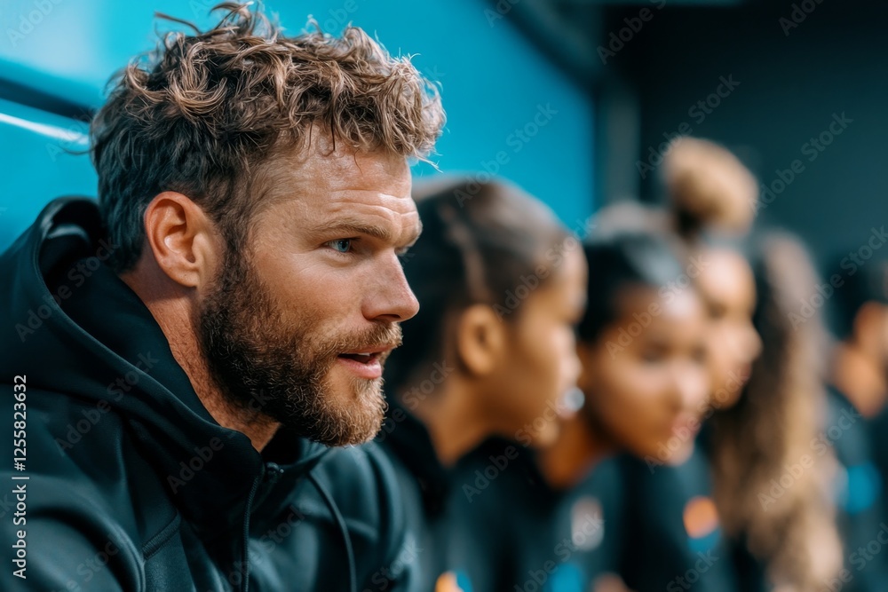 A soccer coach discussing match outcomes with the team in a locker room A soccer coach discussing match outcomes with the team in a locker room