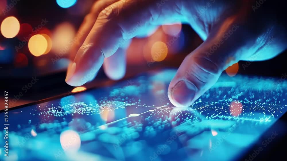 Close up of businessman hand interacting with glowing holographic big data financial market graph, scrolling through futuristic user interface on tablet computer in dark office at night Close up of businessman hand interacting with glowing holographic big data financial market graph, scrolling through futuristic user interface on tablet computer in dark office at night