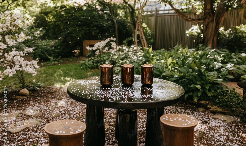 Three candles on a garden table amidst fallen petals, serene spring setting Three candles on a garden table amidst fallen petals, serene spring setting