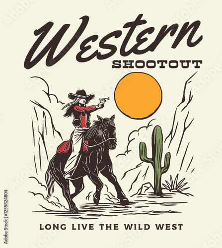 A high-energy western illustration depicting a cowboy in a dramatic shootout scene, set against a rustic desert landscape. Perfect for western-themed branding and storytelling.