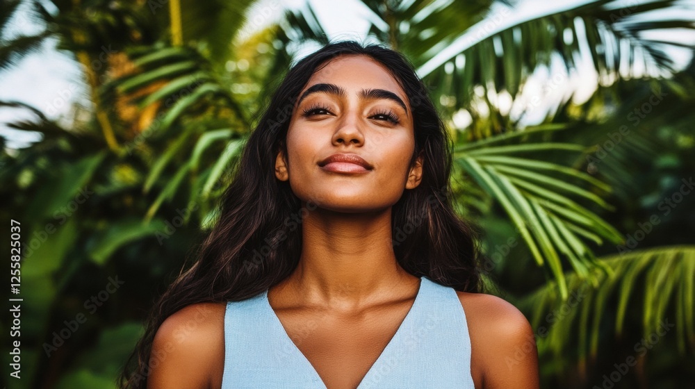 Portrait of a Young Woman with Long Hair in a Tropical Setting Surrounded by Lush Greenery