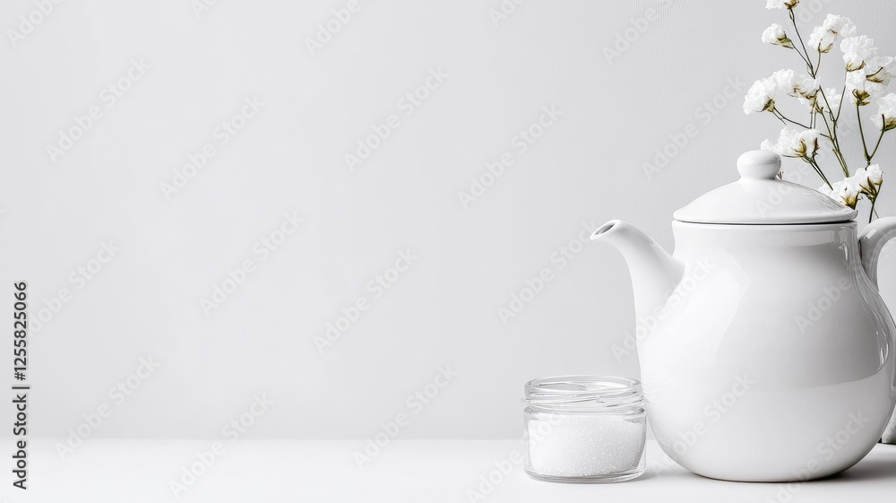White teapot and flowers on minimalistic background White teapot and flowers on minimalistic background