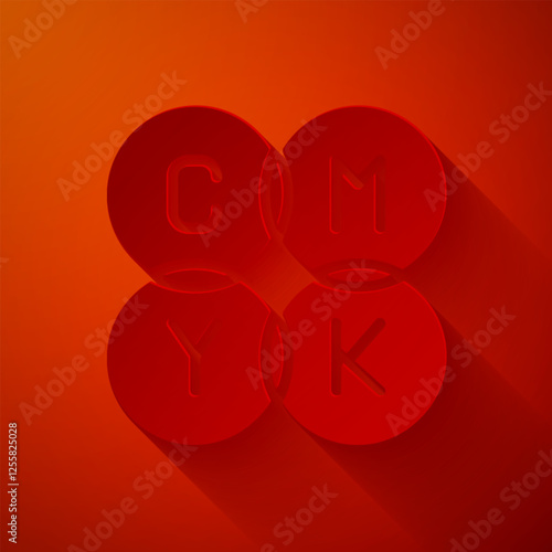 Paper cut CMYK color mixing icon isolated on red background. Paper art style. Vector