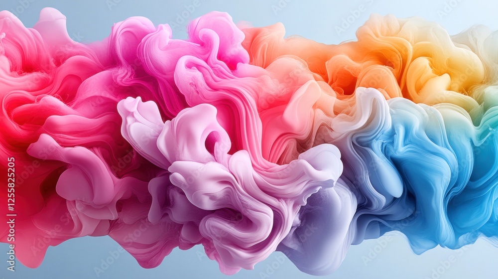 Fototapeta premium Vibrant, colorful abstract flow of paint swirls against a soft background.