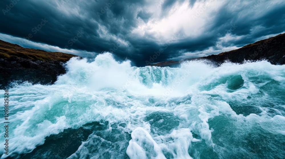 Stormy Ocean Waves Crash Against Rocky Shore Under Dark Menacing Sky Stormy Ocean Waves Crash Against Rocky Shore Under Dark Menacing Sky