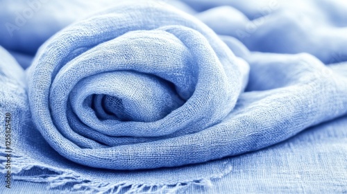 Rolled Blue Textile Fabric with Subtle Patterns on a Soft Surface for Home Decor