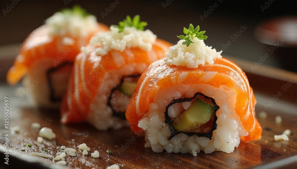 Delicious salmon sushi rolls with avocado and creamy topping close-up Delicious salmon sushi rolls with avocado and creamy topping close-up