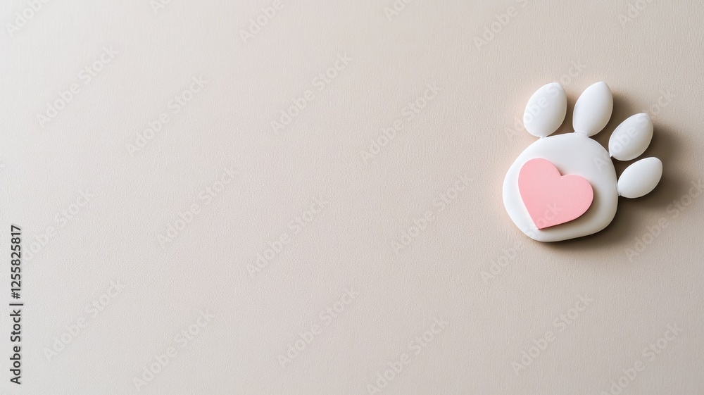 White pet paw with pink heart on beige background White pet paw with pink heart on beige background