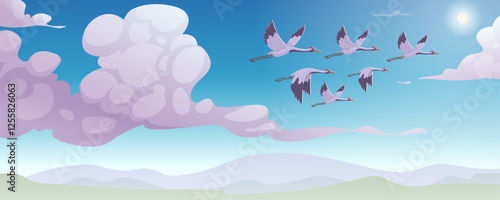 Crane birds. Nature background landscape with flying stork exact vector cartoon template