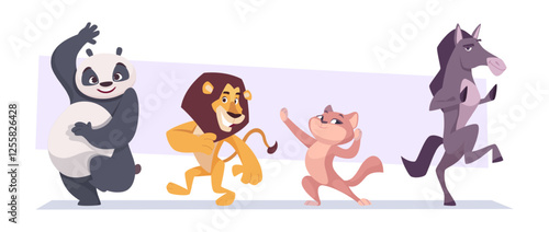 Animal dancing. Happy cartoon zoo characters dancing in action poses exact vector wild jungle animals