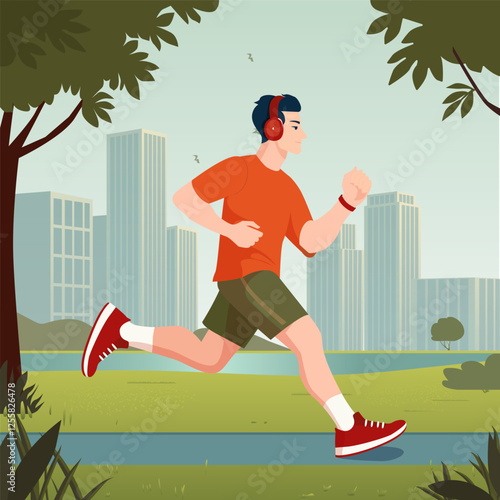 Vector illustration of a young man jogging in an urban park with modern skyscrapers in the background. He is wearing a red t-shirt, green shorts, red sneakers, and headphones while running