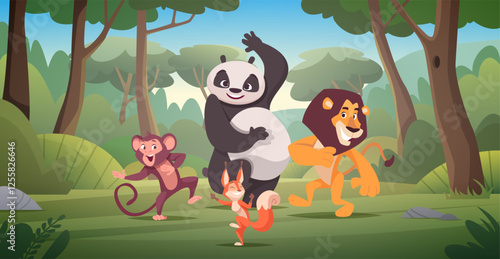Animal dance. Baby animals have fun dancing and jumping on floor exact vector zoo animals in cartoon style background template