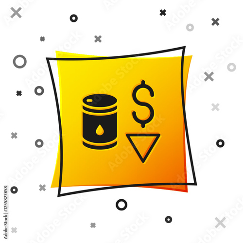 Black Drop in crude oil price icon isolated on white background. Oil industry crisis concept. Yellow square button. Vector