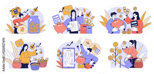Financial literacy. Conceptual illustrations with characters with money connection learning of smart investing processes saving and expense self budget recent vector flat templates