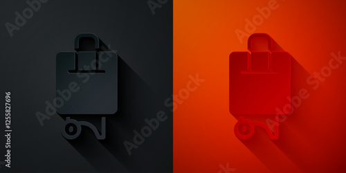 Paper cut Suitcase for travel icon isolated on black and red background. Traveling baggage sign. Travel luggage icon. Paper art style. Vector