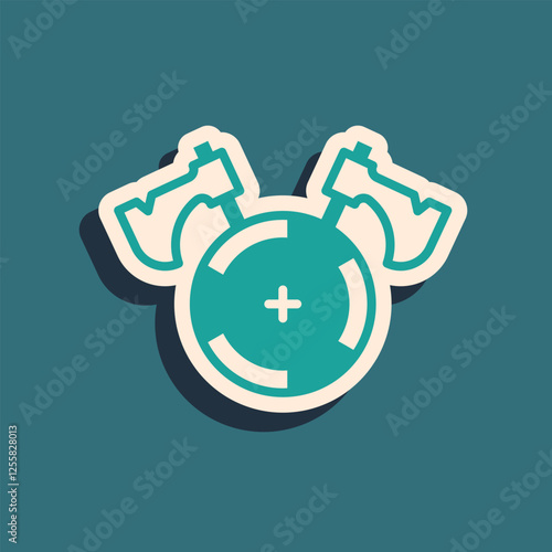Green Medieval shield with crossed axes icon isolated on green background. Battle axe, executioner axe. Long shadow style. Vector
