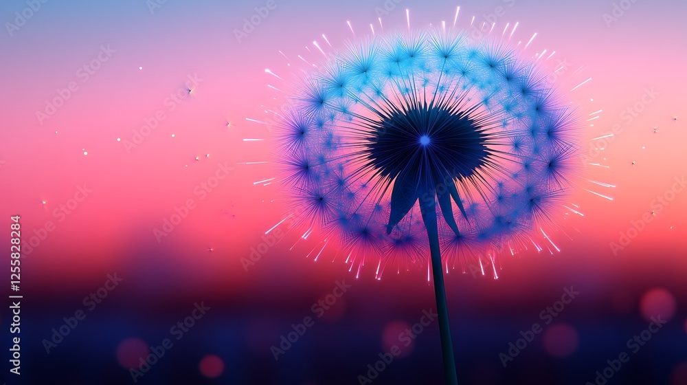 Glowing Dandelion Seeds at Sunset Sky Glowing Dandelion Seeds at Sunset Sky