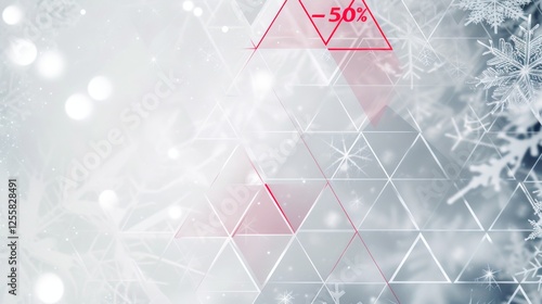 Triangle-based geometric abstract design with snowflakes and a soft white background, highlighted by a subtle red -50 sale indicator. Ideal for seasonal promotions. AI generated.