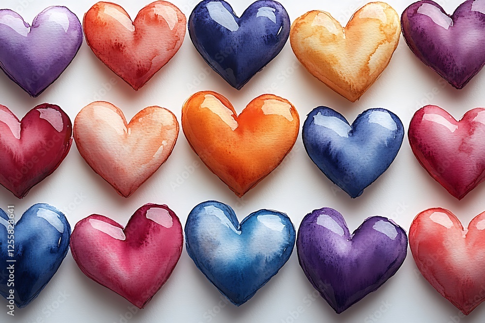 Fototapeta premium Watercolor Hearts in Blue, Purple, Orange, and Pink in a Neat Grid