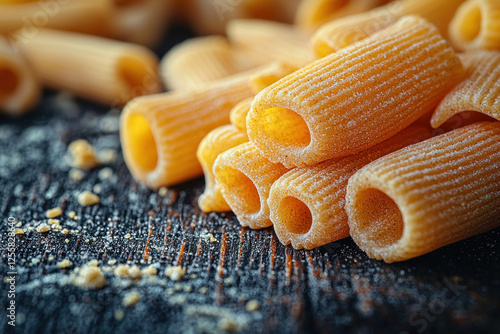 Uncooked rigatoni pasta on dark wooden table, close-up for food photography