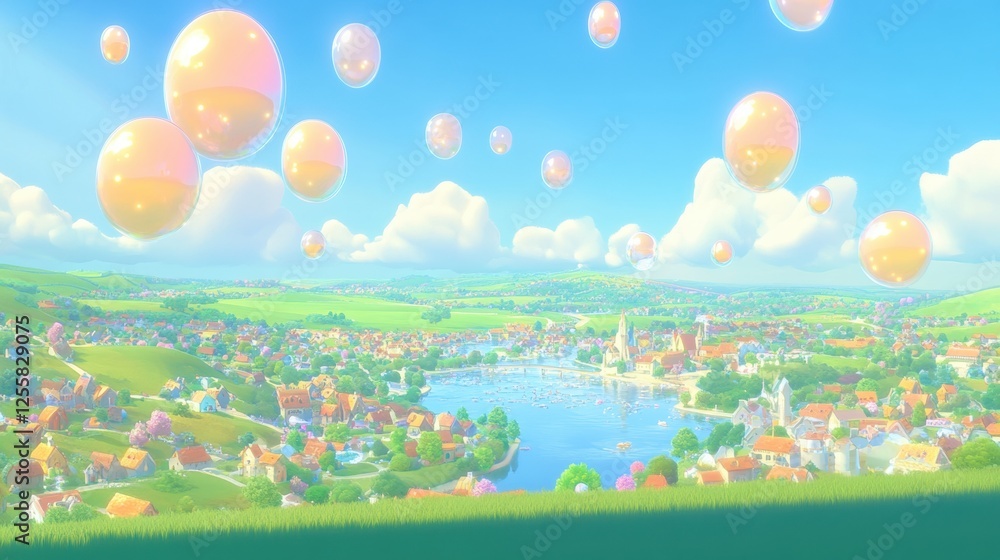 Vibrant Village Landscape with Colorful Bubbles Floating Above a Serene River and Lush Green Hills Vibrant Village Landscape with Colorful Bubbles Floating Above a Serene River and Lush Green Hills