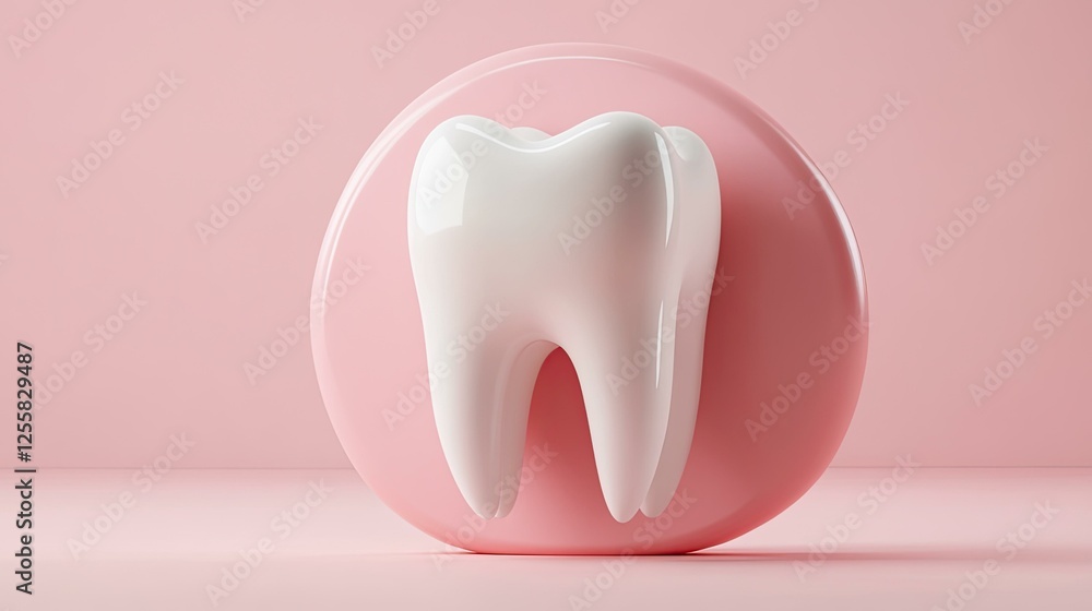 3D Render of a Single, Shiny White Tooth Resting on a Pink, Oval-Shaped Platform Against a Pink Background 3D Render of a Single, Shiny White Tooth Resting on a Pink, Oval-Shaped Platform Against a Pink Background