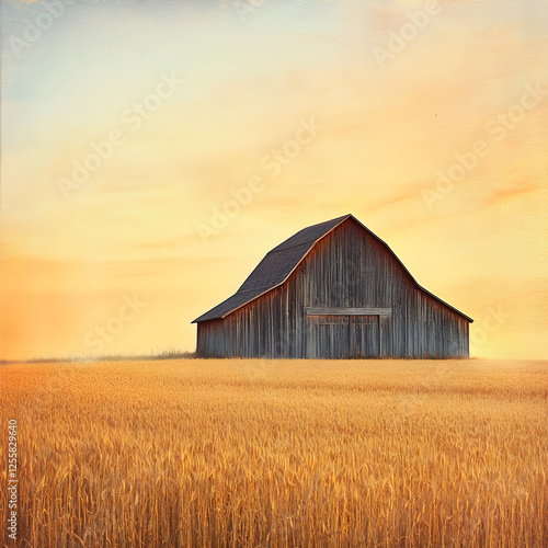 Scenic country farm with a traditional barn and endless wheat fields glowing in the warm light of sunset, perfect for agricultural themes photo