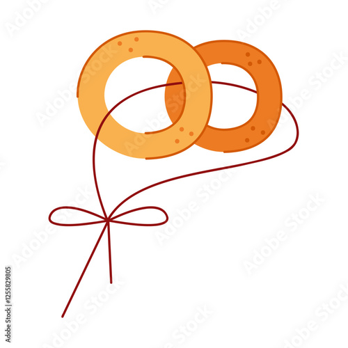 Two bagel on a rope color. Hand drawn clip art for your project.