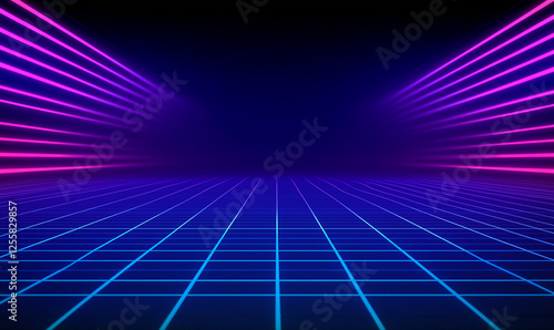 Retro Futuristic Grid, 80s Style Background with Neon Lines